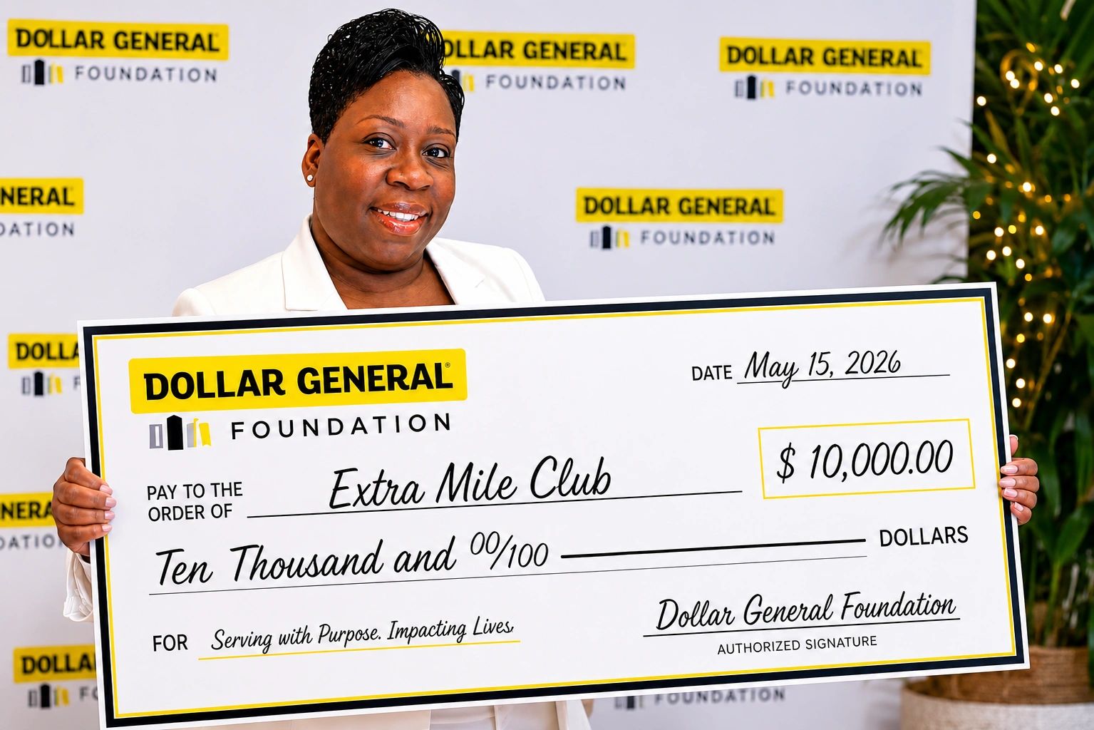 Woman holding a $10,000 check from Dollar General Foundation to Extra Mile Club.
