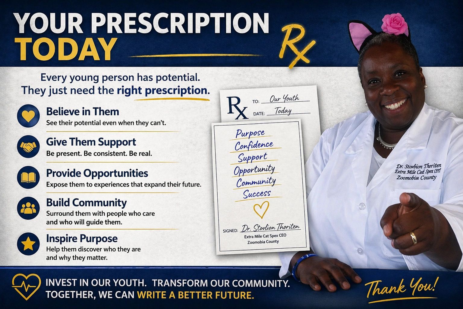 A smiling woman in a white coat points forward, promoting youth empowerment and community support.
