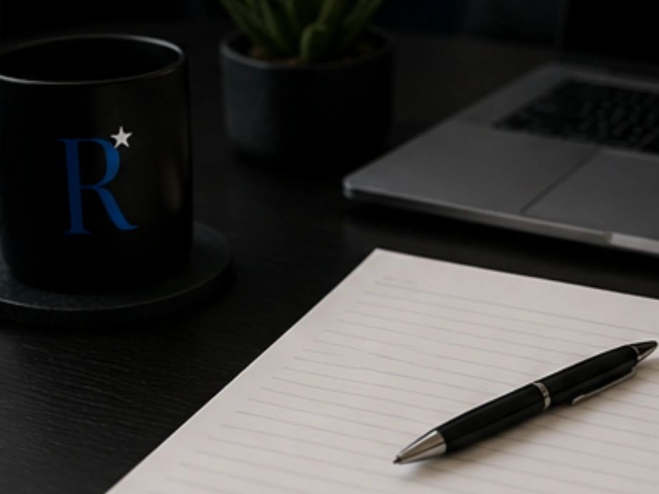 Pen on a lined notebook beside a laptop and a black mug.