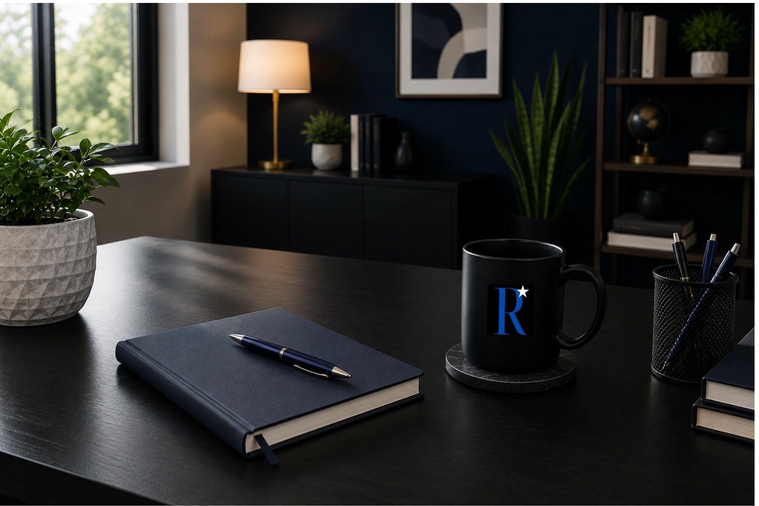 Modern office desk with plants and a coffee mug.