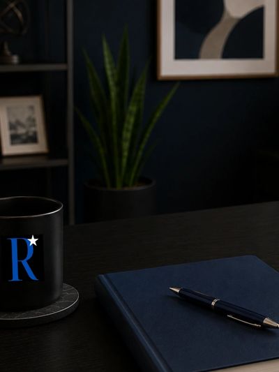 A stylish workspace with a black mug, notebook, and pens.