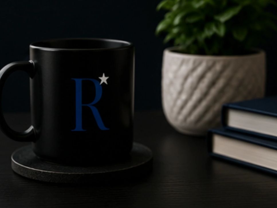 Black mug with blue R and star, plant, and books on table.