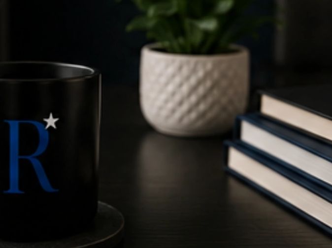 Black mug, plant pot, and books on a dark table.