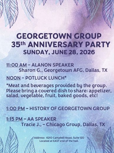 Flyer for Georgetown Group's 35th Anniversary Party on June 28, 2026, featuring speakers and potluck lunch.