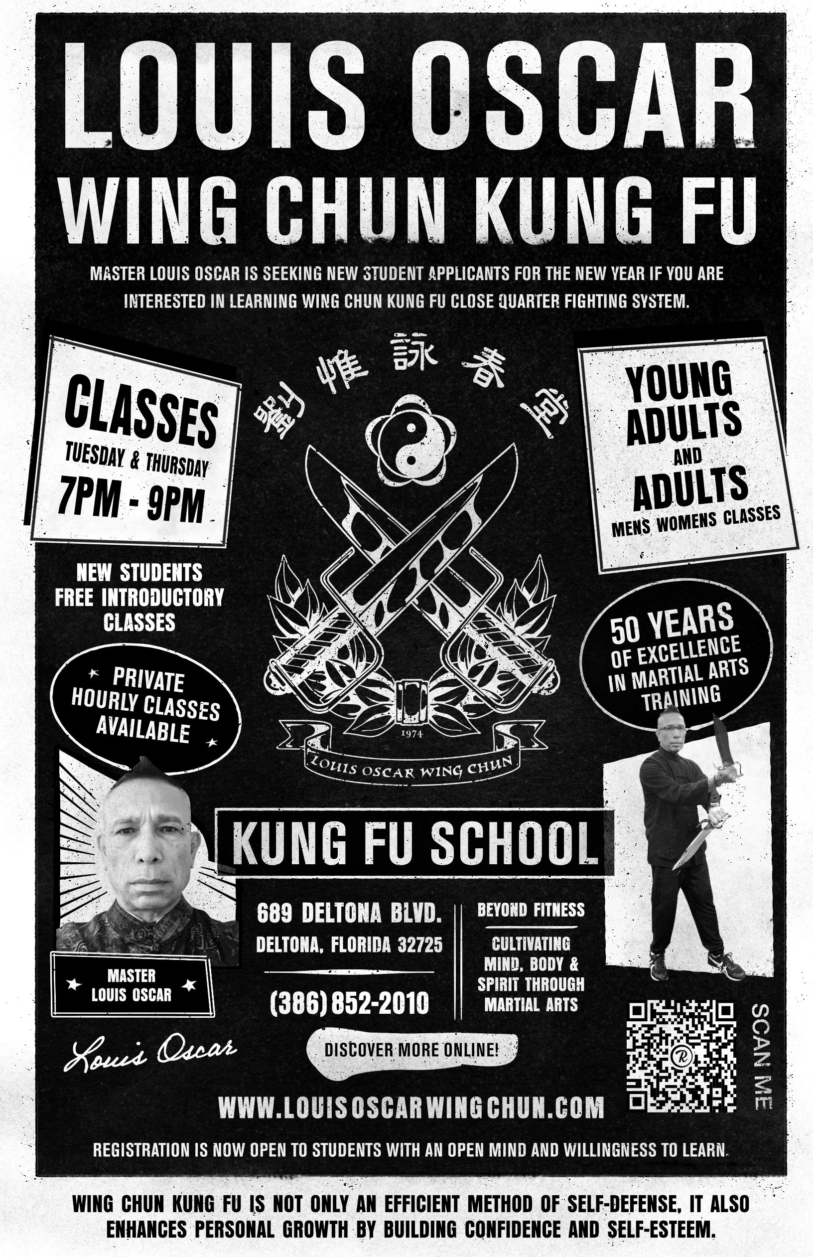 Black and white flier for Louis Oscar Wing Chun School. 