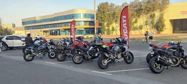 Group of Ducati motorcycles parked outdoors in evening light.