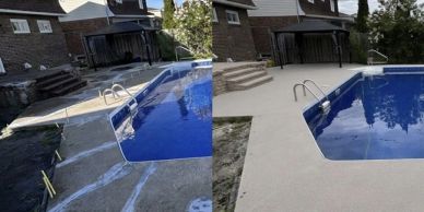 Before and after photos of a poolside concrete makeover.