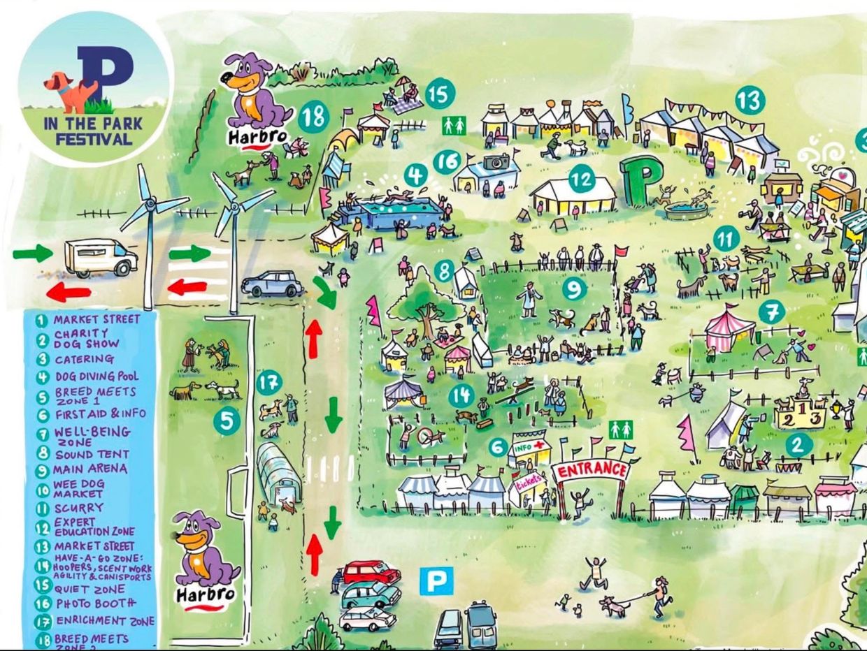 Map of a dog festival with various zones and activities.