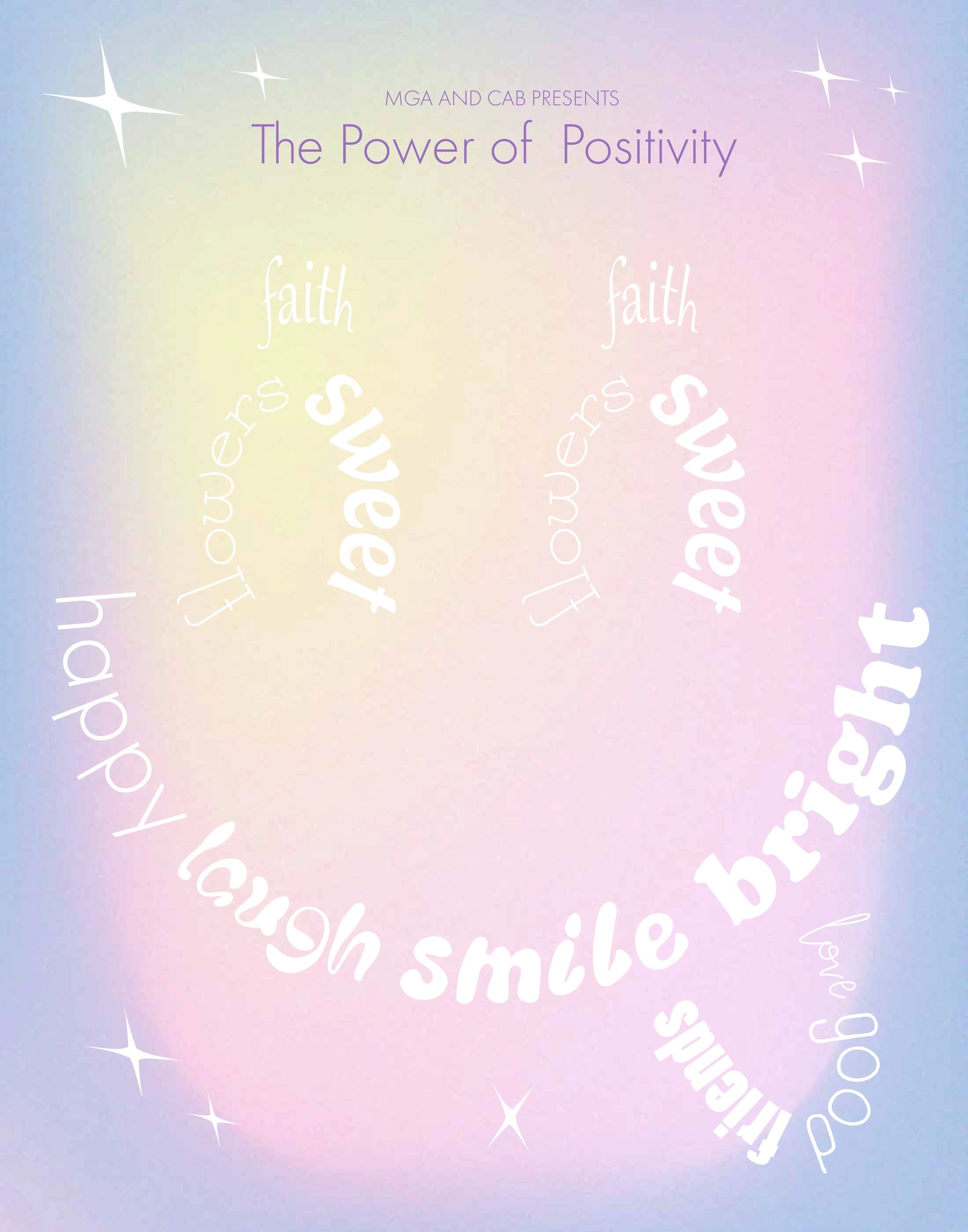 Inspirational poster on positivity with swirls of uplifting words.