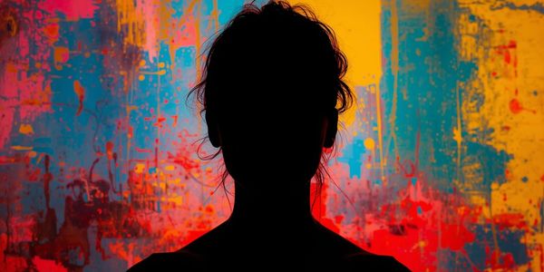 Silhouette of a person against a vibrant, multicolored abstract background.