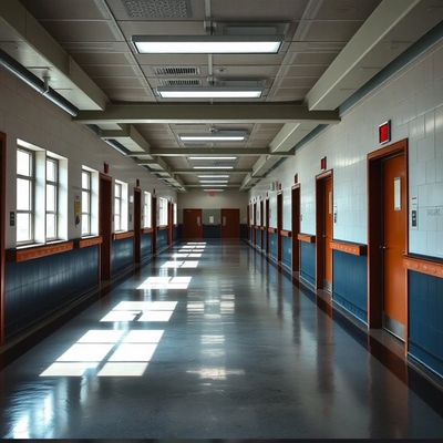 Empty corridor in an institutional building with sunlight streaming through windows.