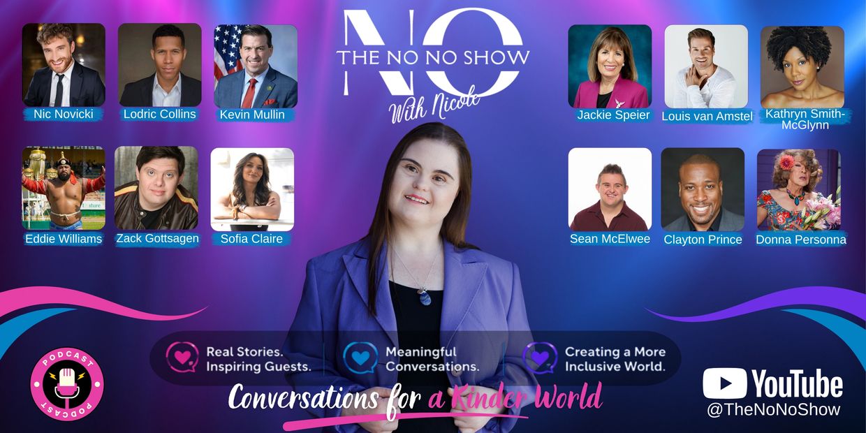 Promotional banner for The No No Show podcast with host Nicole and guest photos.