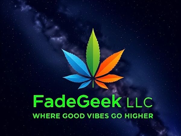 Colorful leaf logo with 'FadeGeek LLC' and tagline on starry background.