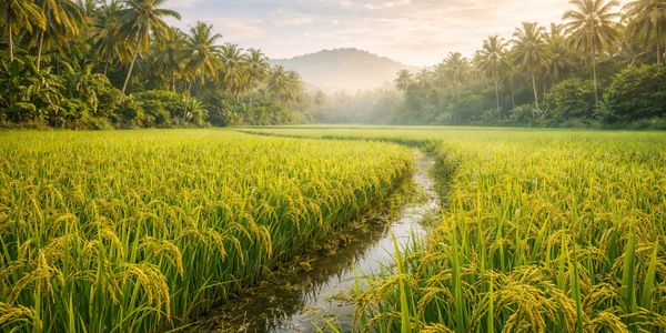 Lush green rice fields with palm trees under a golden sunrise sky.