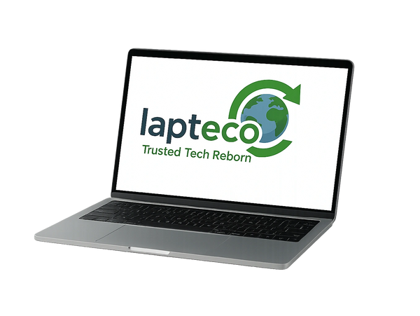 Laptop screen displaying the LaptEco logo with a globe and recycling arrows.