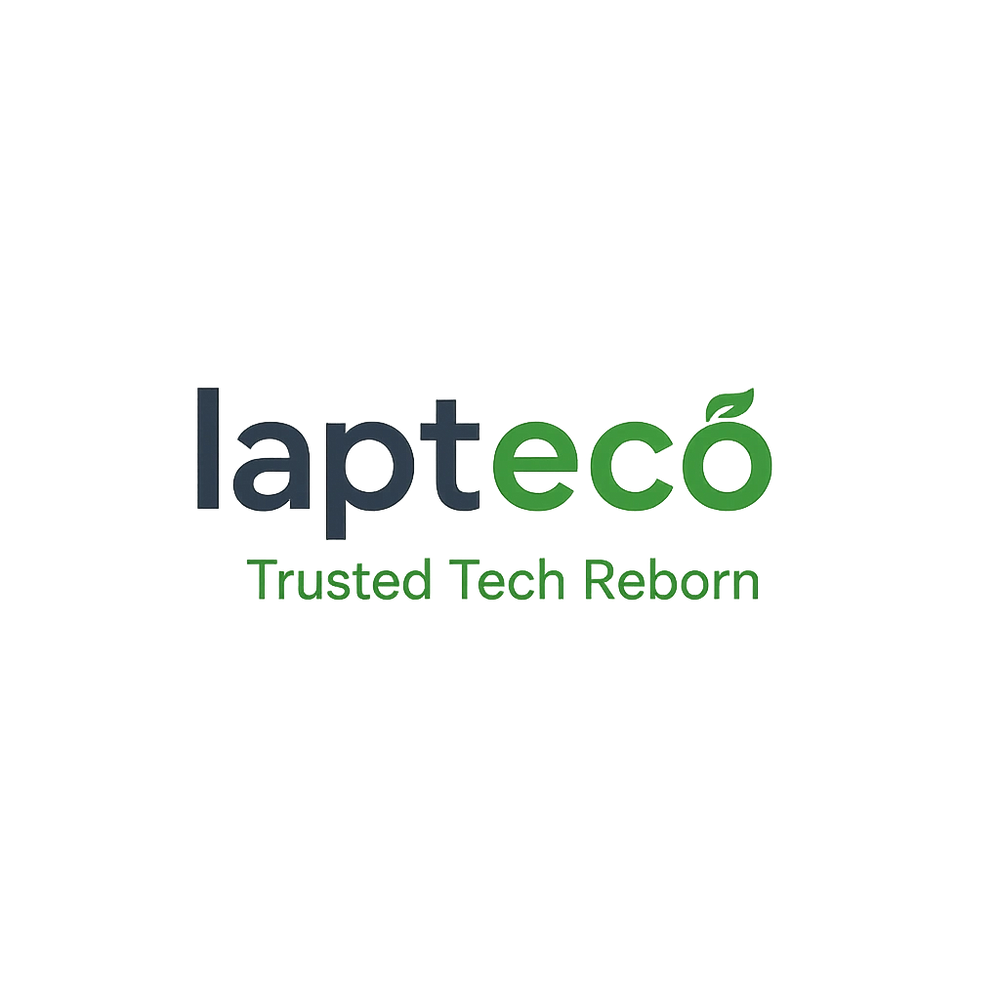 Logo of 'lapteco' with eco-friendly theme and tagline 'Trusted Tech Reborn'.