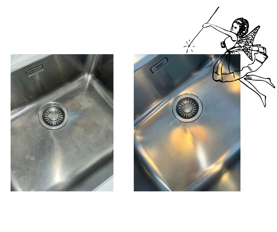 Before and after cleaning of a stainless steel sink.