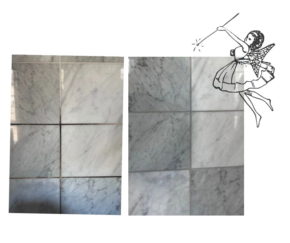 Before and after cleaning dirty tiled floor close-ups.