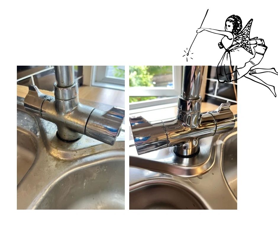 Before and after cleaning a kitchen faucet.