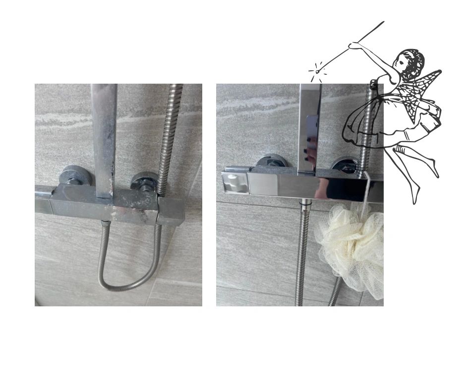 Before and after cleaning a shower faucet set.