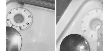 Two close-up shots of a washing machine dial with a metal knob.