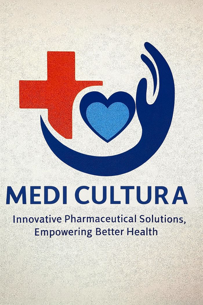Logo of Medi Cultura with medical symbols and a tagline about health.