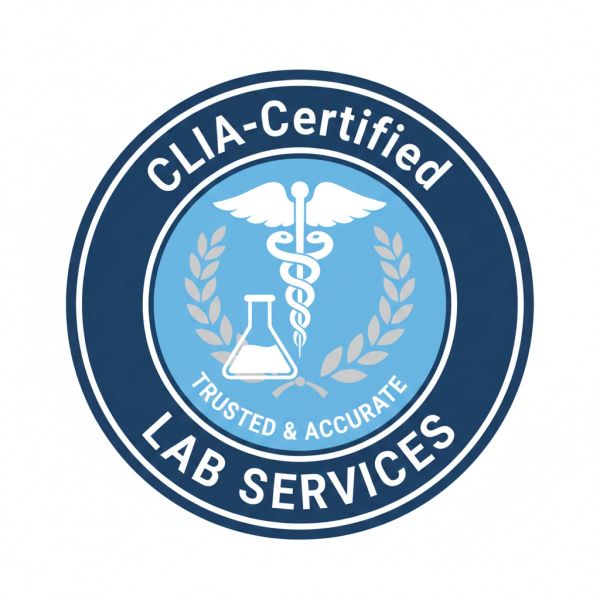 CLIA-certified lab services logo with medical and scientific symbols.