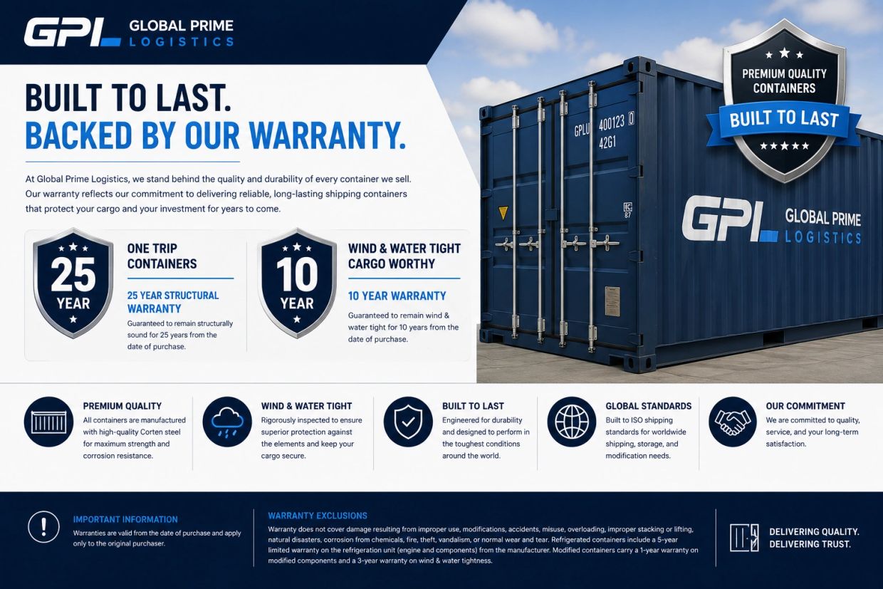 Global Prime Logistics offers durable containers with long warranties.