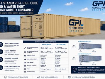 Beige shipping container by Global Prime Logistics with specifications and features.