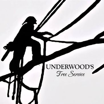 Silhouette of a worker on tree branches with Underwood's Tree Service logo.