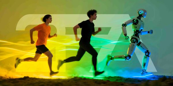 A robot and two people sprinting with colorful light trails behind them.