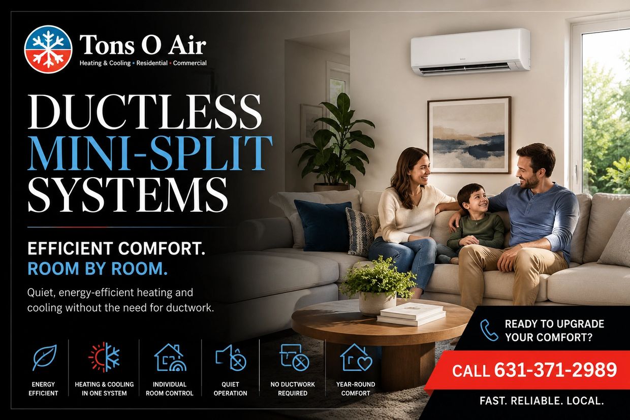 Happy family enjoying comfort from ductless mini-split heating and cooling system at home.