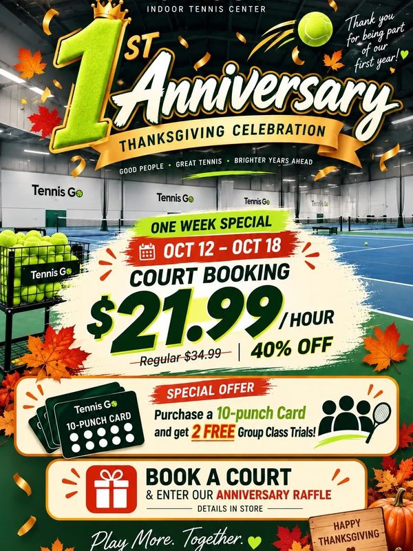 Indoor Tennis Center celebrates 1st anniversary with special court booking deals.