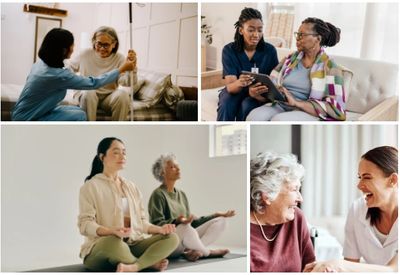 Collage showing elderly care, meditation, and joyful companionship moments.