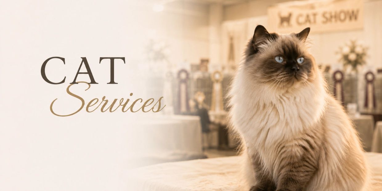Fluffy cat at a cat show promoting cat services.