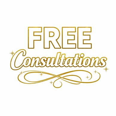 Elegant gold text offering free consultations with decorative flourishes.