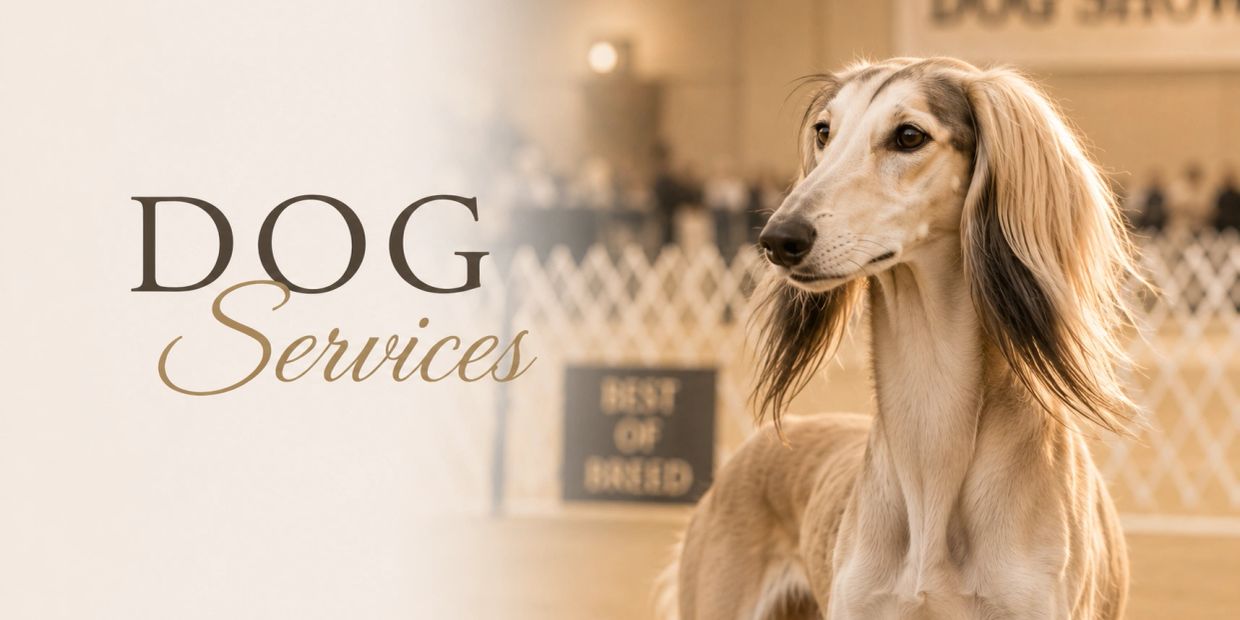A stylish dog at a dog show with 'Dog Services' text.