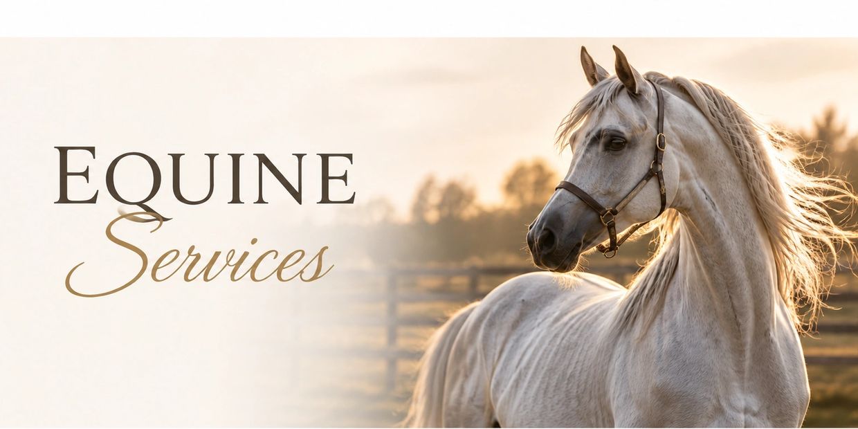 Elegant white horse with 'Equine Services' text.