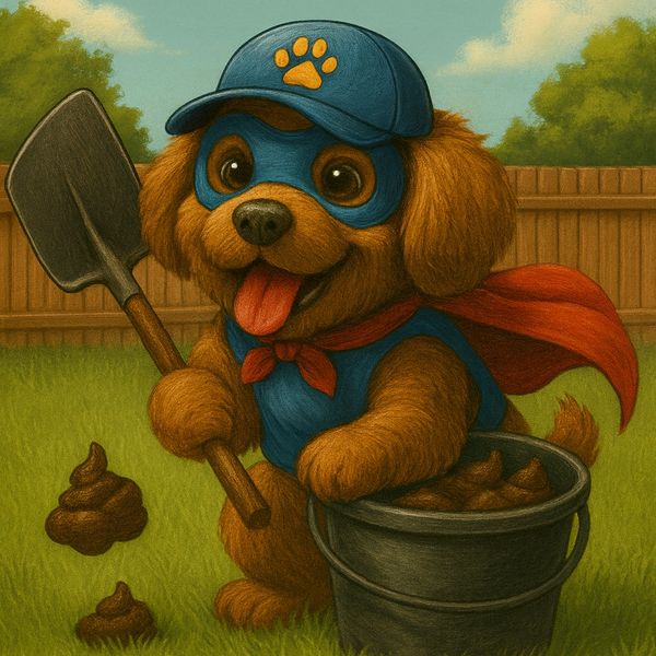A superhero dog scooping poop with a shovel and bucket.