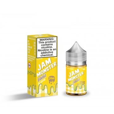 Banana-flavored Jam Monster vape juice with nicotine warning on packaging.