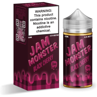 Jam Monster Black Cherry nicotine e-liquid with warning label.