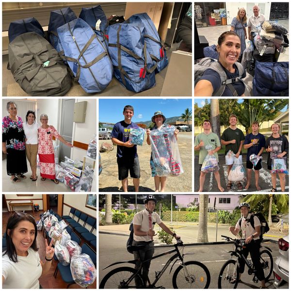 Various groups with large blue bags and supplies, some with bikes, smiling and posing.