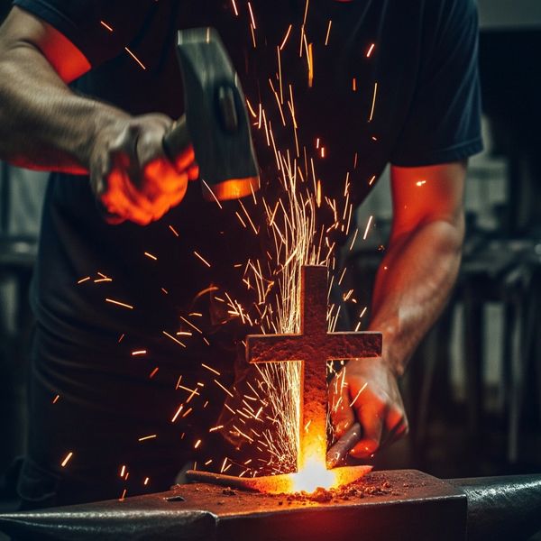 Blacksmith forging a glowing metal cross with sparks flying.