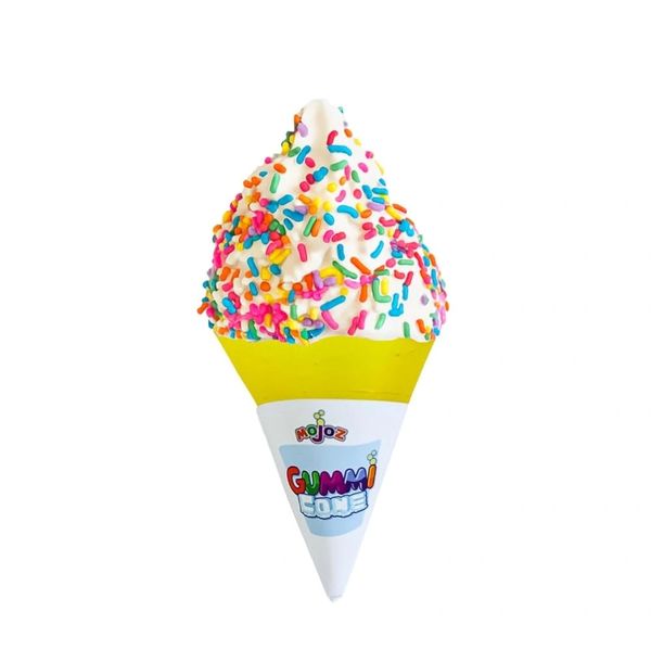 Colorful sprinkle-covered soft serve ice cream in a yellow and white cone.