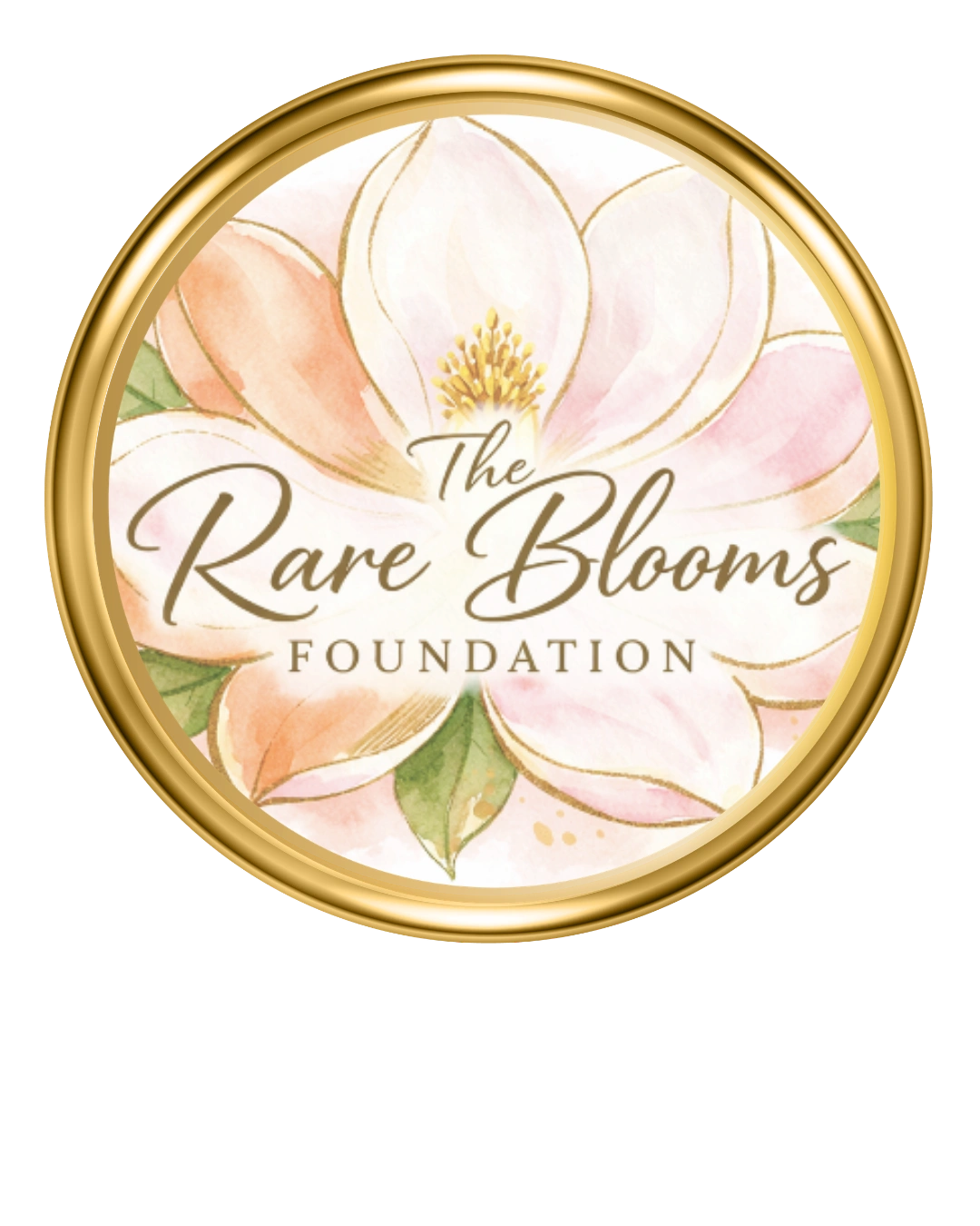 Logo of The Rare Blooms Foundation with a floral design and gold border.