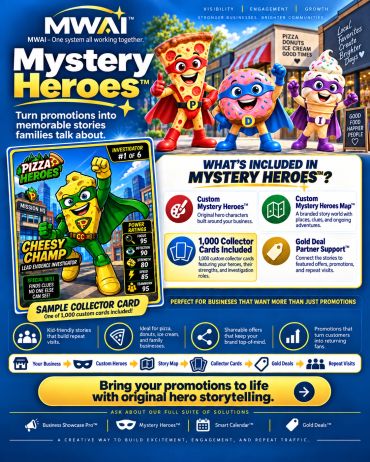 Colorful promotional poster for MWA1 Mystery Heroes with cartoon food characters.
