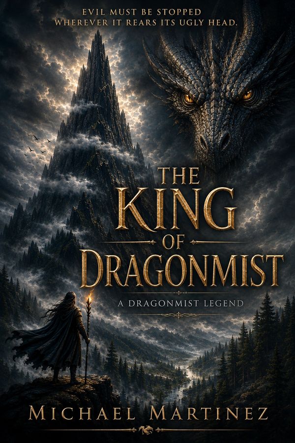 A fantasy book cover with a dragon and a figure holding a staff.