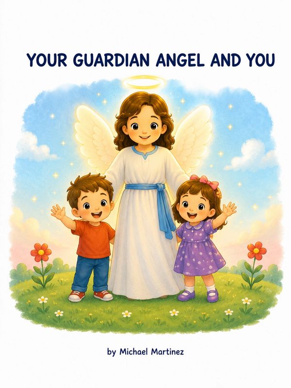 Guardian angel watching over two happy children.