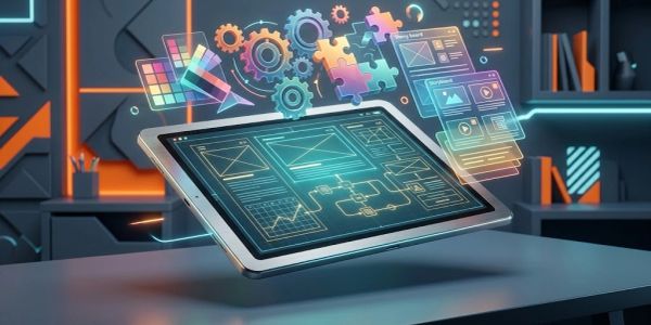 Tablet with floating digital graphics of interface design and gears.