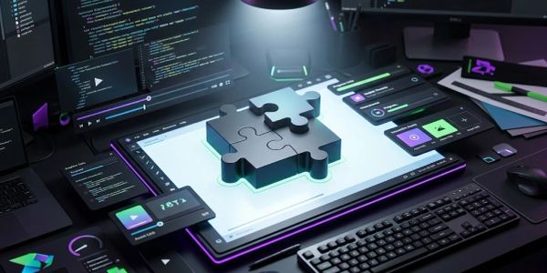 High-tech workspace with digital puzzle and coding screens.